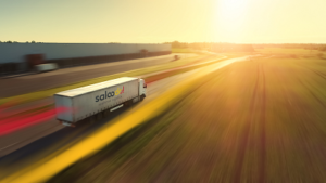 Ein Truck mit dem Saloodo!-Logo fährt gen Sonnenuntergang.