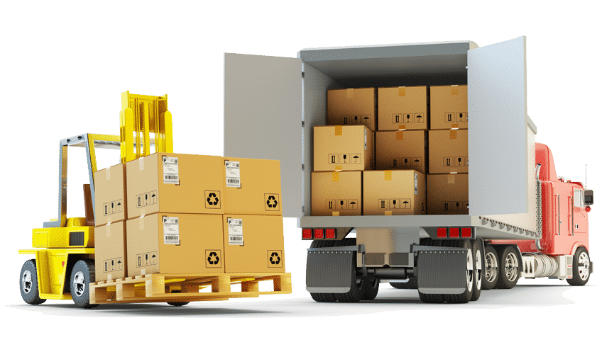 Ein Gabelstapler belädt den Truck eines Logistikdienstleisters.