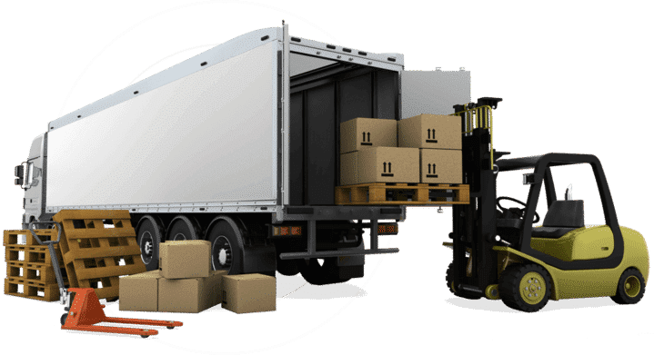 Ein Gabelstapler belädt den Truck eines Transportunternehmens mit Fracht.