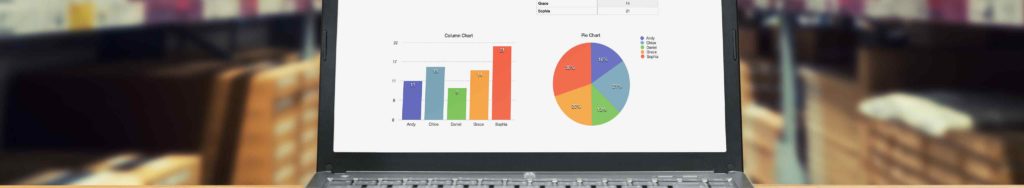 A laptop showing pie charts and statistics about business inteligence in logistics.