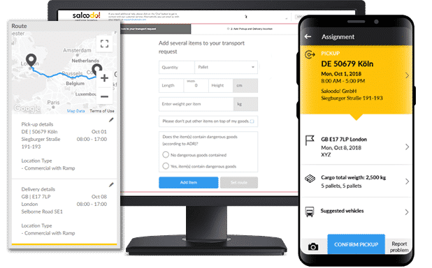 Screenshots of the Saloodo! Driverapp and the Saloodo! dashboard in English.