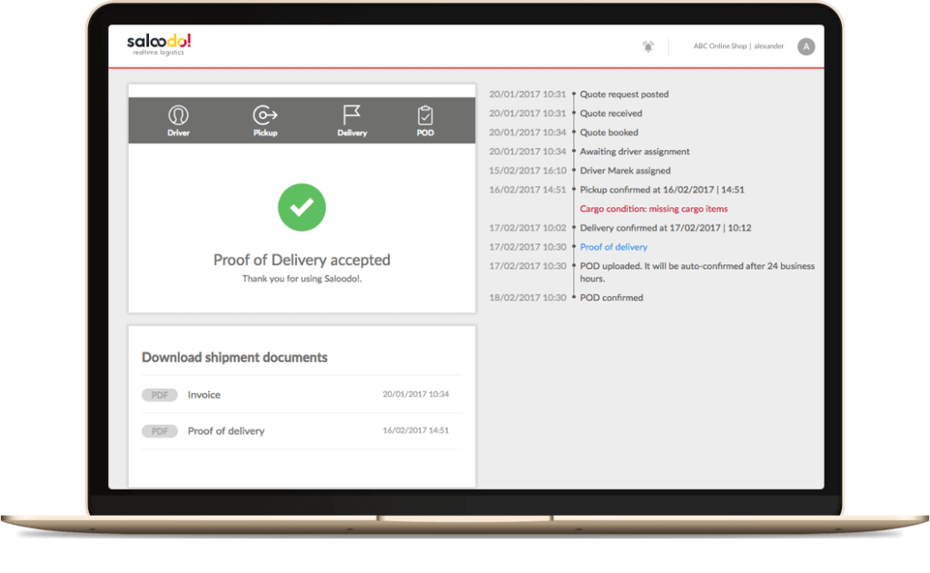 A laptop showing the Saloodo! carrier dashboard in English.