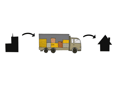 Ein LKW der Waren zwischen zwei Standorten transportiert.