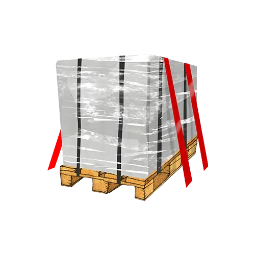 Eine gesicherte Palette, auf der eine Maschine transportiert wird.