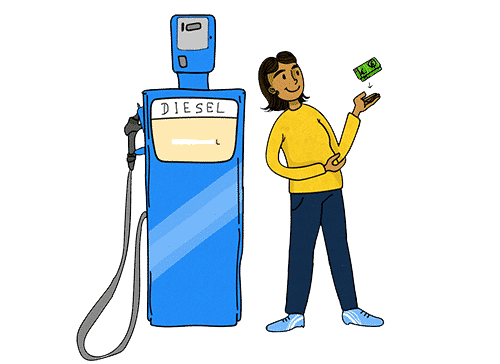Mann steht neben einer Zapfsäule mit einem Bündel Geld in der Hand als Symbol für den Dieselzuschlag