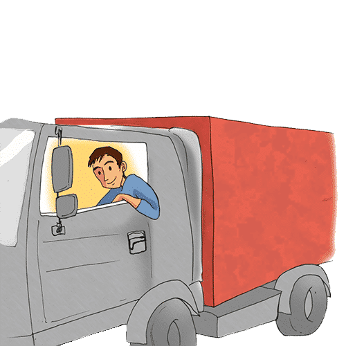 Ein LKW-Fahrer lehnt lässig mit einem Arm auf dem Fenster seines LKW-Führerhaus.