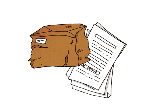 Beschädigtes Frachtgut for einem Stapel Papiere als Symbol für den Proof of delivery (POD) bzw. den Abliefernachweis