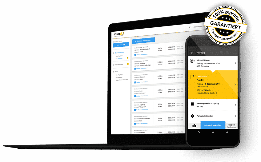 Ein Screenshot von Saloodo!, der Plattform für den einfachen Palettenversand mit Logistikunternehmen wie DHL.