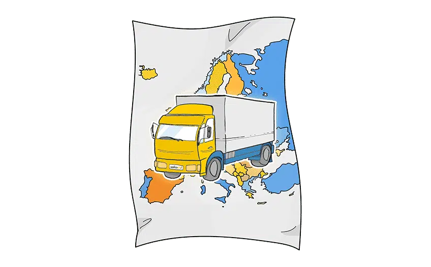 Eine Karte von Europa mit einem Truck der Beiladung transportiert.