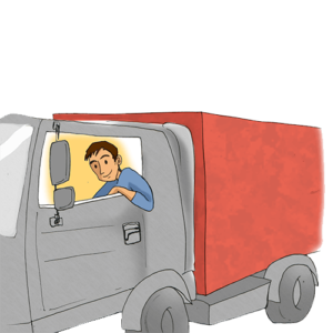 Ein Fahrer im LKW seines Logistikunternehmens.