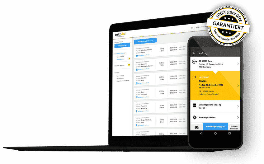 Ein Screenshot von Saloodo, der Transportplattform auf der Cargo Tracking groß geschrieben wird.
