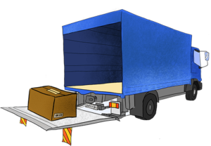 A truck loading a large item.