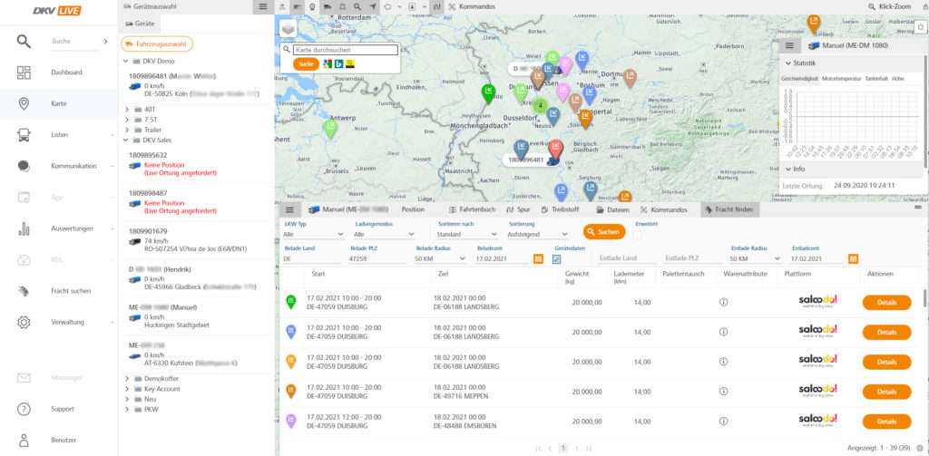 Screenshot der DKV Telematikanwendung mit Saloodo! Frachtangeboten
