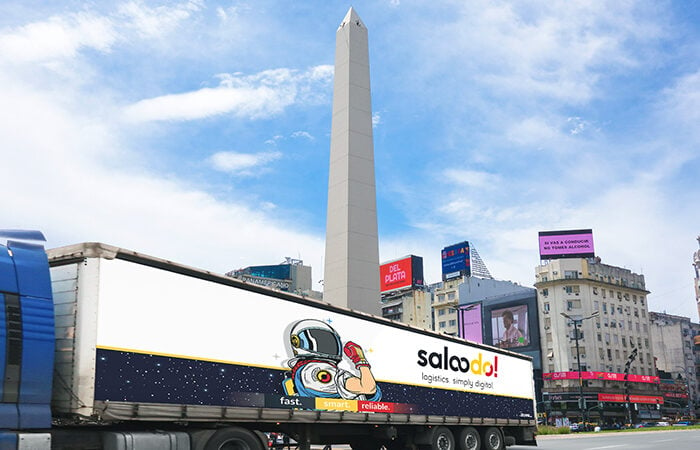 Truck with Saloodo! branding in front of the Obelisco in Buenos Aires, Argentina