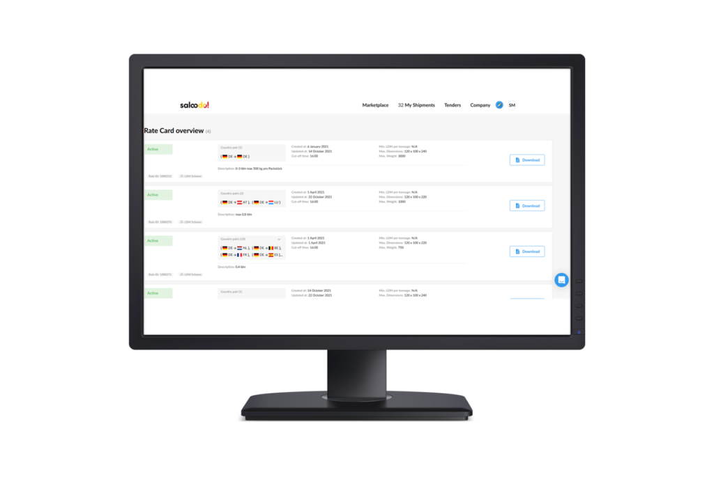 Saloodo rate card dashboard