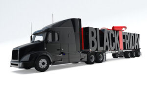 3D-Illustration von LKW mit Black Friday Zeichen mit rotem Band eingewickelt