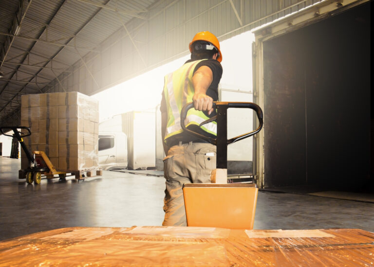 Warehouse worker unloading pallet shipment boxes into cargo cont