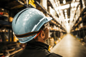 Symbol image about safety for workers. Man with a safety hero on his head looks in a high bay warehouse