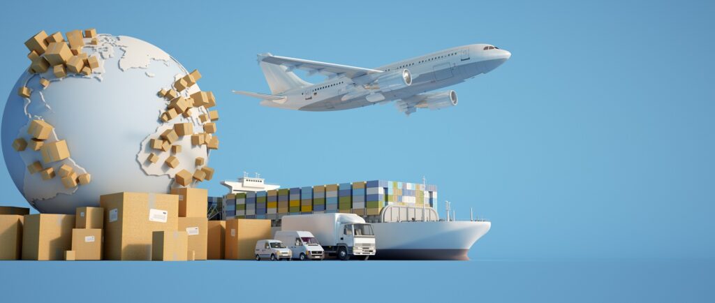 Exportieren über die Grenzen des EWR. 3D-Rendering der Erde, umgeben von Pappkartons, einem Frachtcontainerschiff, einem fliegenden Flugzeug, einem Auto, einem Lieferwagen und einem LKW