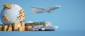 Exporting across EEA borders. 3D rendering of the Earth surrounded by cardboard boxes, a cargo container ship, a flying plan, a car, a van and a truck