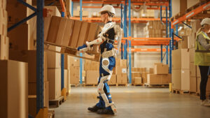 Worker with an Exoskeleton carrying a pallet