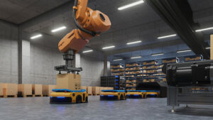 Robot loads self-driving robot in logistics warehouse