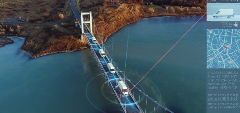 Machine Learning in logistics examples shown as trucks cross a bridge