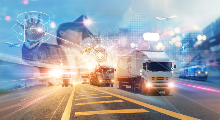 Different transport modes in logistics like truck in road freight for metaverse article