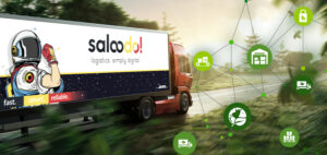 Sustainability Blog Header Image DE- Sustainable Saloodo! Truck driving on road with green icons