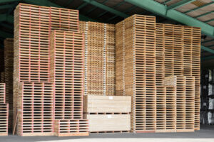 Logistics pallets stacked in a warehouse