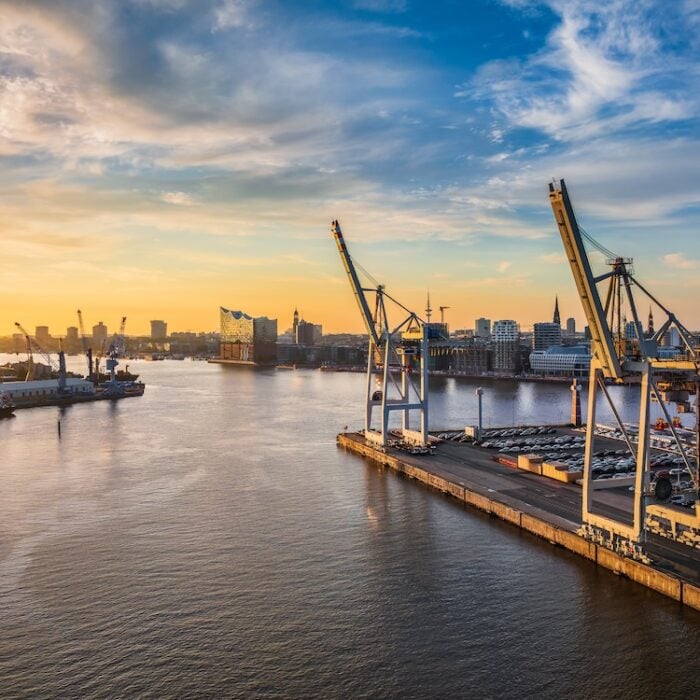 Container terminal in the port of Hamburg, Germany with Elbphilharmonie in the background