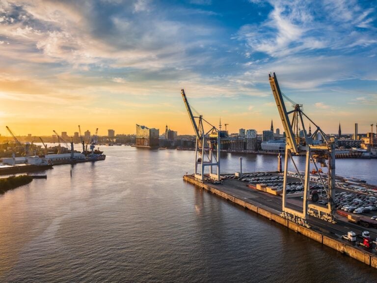 Container terminal in the port of Hamburg, Germany with Elbphilharmonie in the background