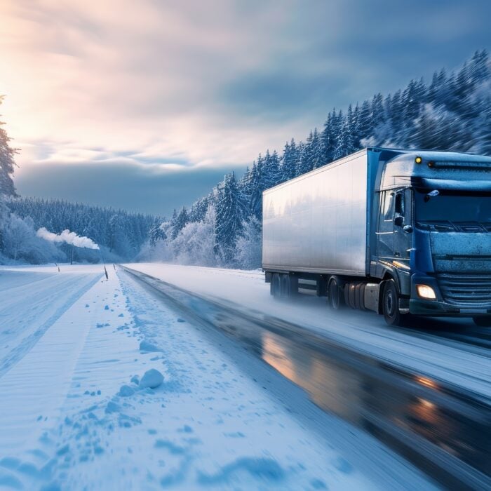A truck drives down a snowy road in the mountains.