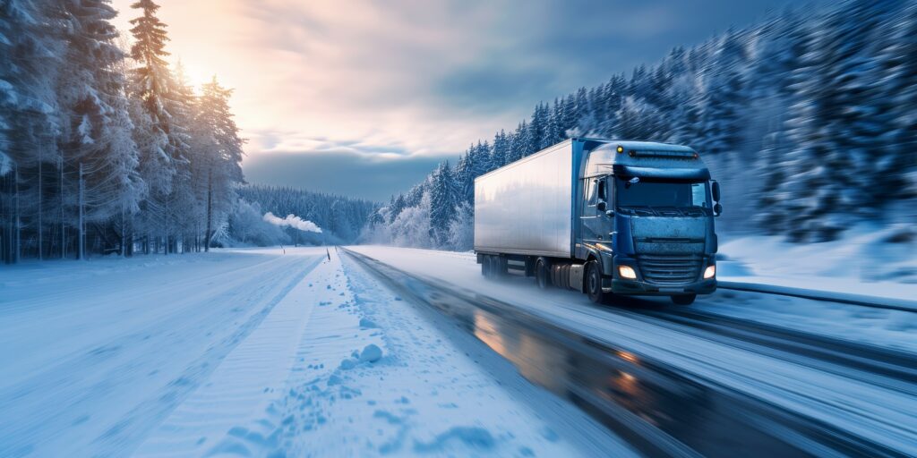 A truck drives down a snowy road in the mountains.