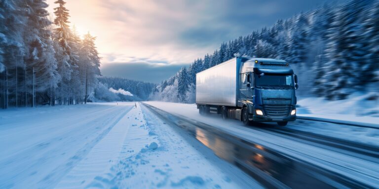 A truck drives down a snowy road in the mountains.